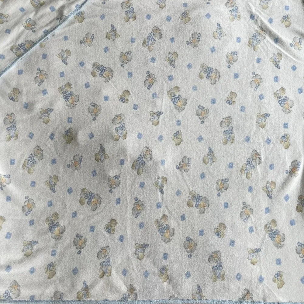 Vintage Rare Unisex Carters Cotton Hood Teddy Bear Kitten ABC Blanket Blue White